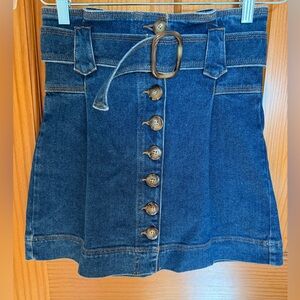 Sézane Gillie Skirt - Blue Denim Belted Skirt with Button Up Detail